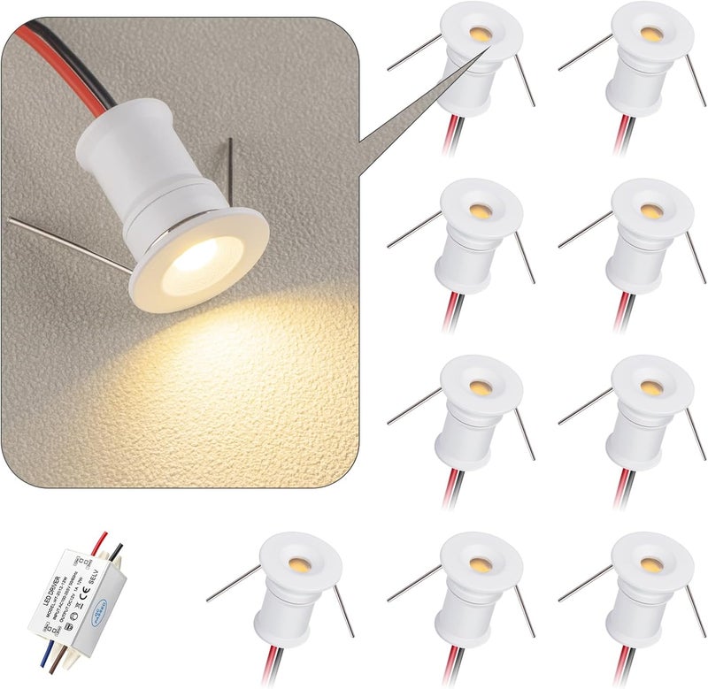 HHTUN 902 120°LED mini Spotlight,DC12V 1W,80Ra,75lm,Small Size,Embedded Installation,Suitable for Cabinet Lighting Such as Wine cabinets,Shoe cabinets,etc.,with Power Supply(3000K,White,9Pack) - Image 1